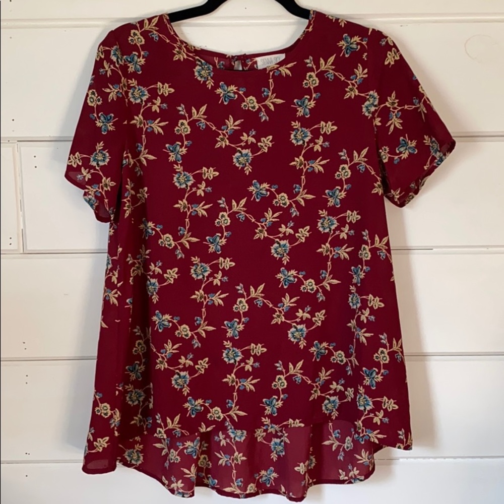 Burgundy Floral Print Short Sleeve Blouse